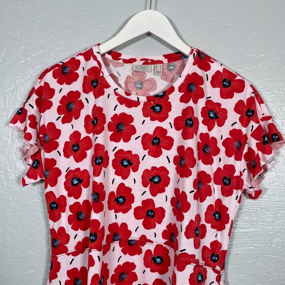LOGO Lori Goldstein Women M Red Pink Floral Poppy Print Flutter Sleeve Shirt - Picture 3 of 11